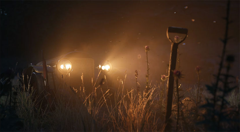 Car headlights reveal a buried shovel, symbolizing dark deeds in Mafia: The Old Country.